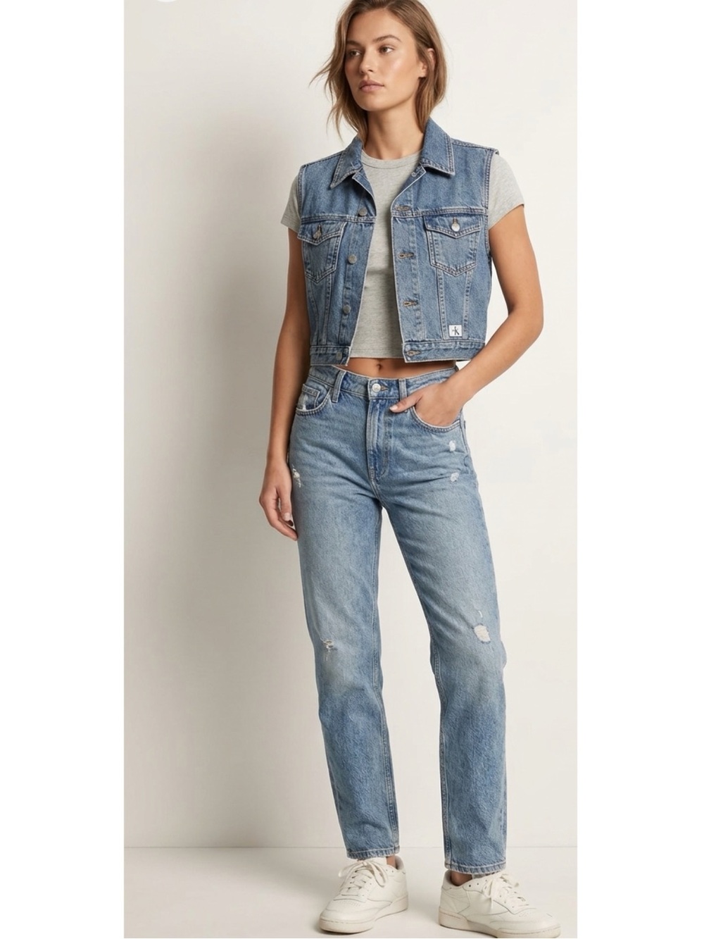 Vintage 90s Calvin Klein Jeans Stone Wash Cropped Trucker Denim Vest- Small